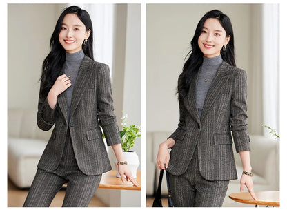 Gray Coffee Striped Ladies Formal Pant Suit Set Women Female Business Work Wear Long Sleeve 2 Piece Blazer Jacket And Trouser