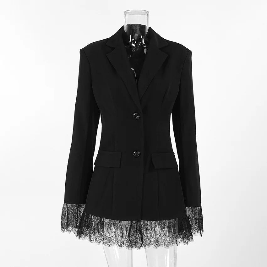 Elegant Black Lace Splice Long Sleeve Women's  Commute Style Fashion Design Polyester Fabric Business Casual Coat