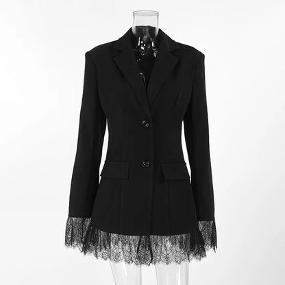 Elegant Black Lace Splice Long Sleeve Women's  Commute Style Fashion Design Polyester Fabric Business Casual Coat