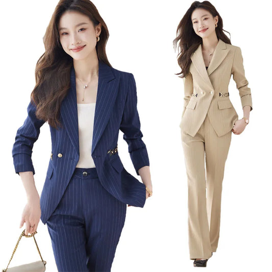 2024 Spring Autumn New Retro Striped Elegant Blazer Coat And High Waist Flare Pant Two Piece Set Women's Suit Business Clothing