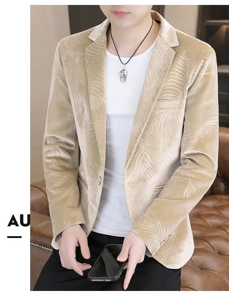 Blazer Men's Fashion Business Gentleman Groom Professional Gentleman Casual Velvet Bamboo Leaf Flower Dress High-end Blazer