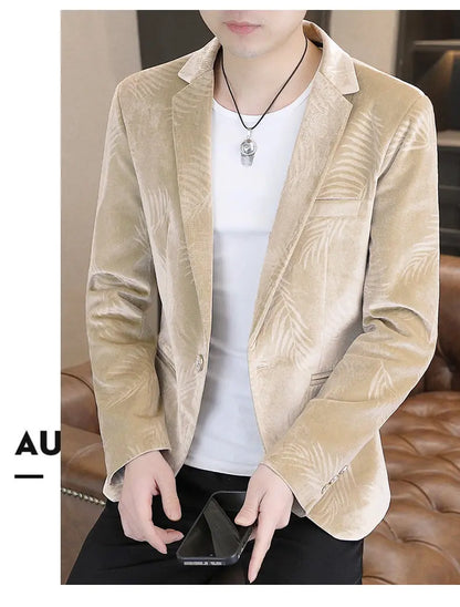 Blazer Men's Fashion Business Gentleman Groom Professional Gentleman Casual Velvet Bamboo Leaf Flower Dress High-end Blazer