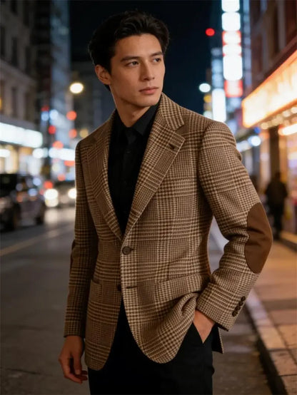 Retro British Plaid Men's Blazer with Elbow Patches Slim Fit Business Casual Tweed Suit Jacket for Office Daily Wear Sport Coats