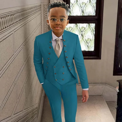 Fashionable Kids Stand-up Collar Suits 3 Pieces Jacket Vest Pants Performance Outfit Comfortable Boys Tuxedo Wedding Guest Wear