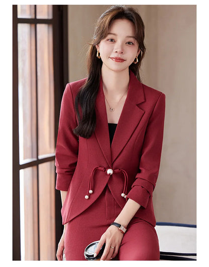 Elegant National Style Buckle Pants Suit  2024 Autumn New Professional Temperament Slim Blazer And Pants Office Ladies Work Wear
