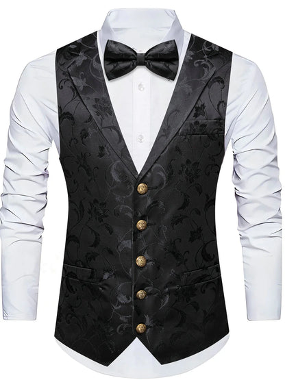 Men's Floral Jacquard Vest Bowtie Set – Pink Wedding Waistcoat for Men