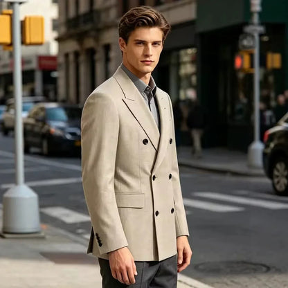Men's Business Casual Linen Formal Suit Slim-fit Double-breasted Wedding Groom's Dress Party Daily Commuting