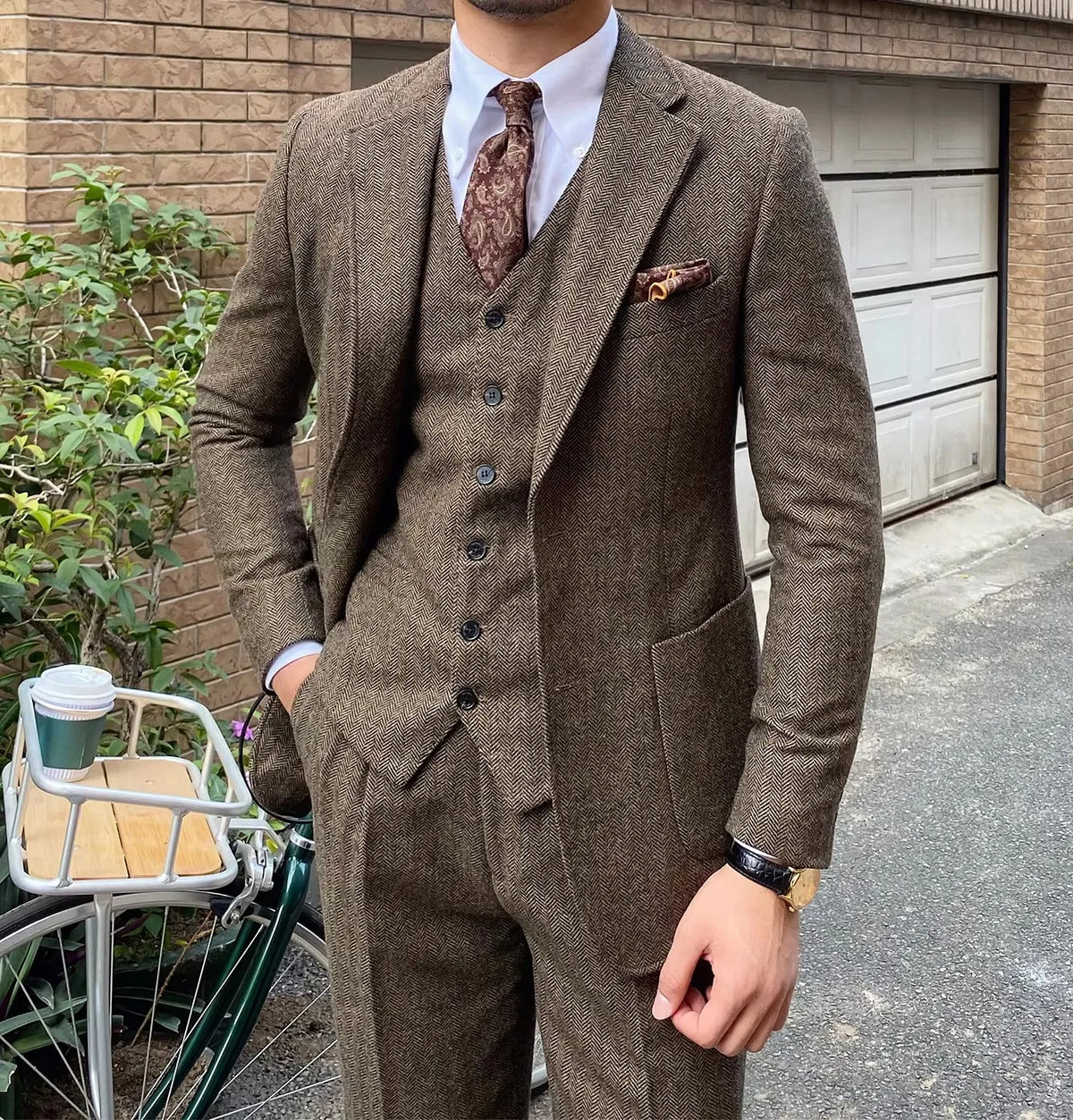 Navy Blue Mens Tweed Herringbone Wedding Suit Prom Tuxedos 3 Piece Notch Lapel Tweed for Business Slim Fit (Blazer+Vest+Pants)