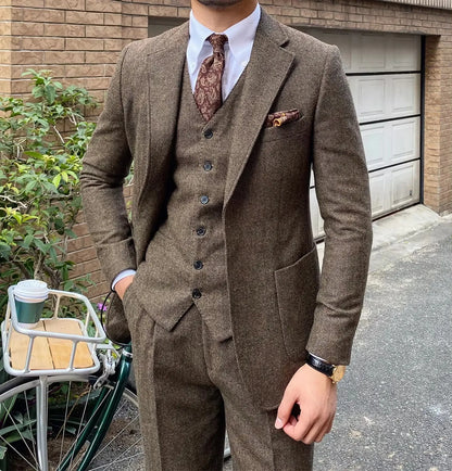 Navy Blue Mens Tweed Herringbone Wedding Suit Prom Tuxedos 3 Piece Notch Lapel Tweed for Business Slim Fit (Blazer+Vest+Pants)