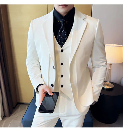 British Style Fake Two-piece Suit Set Men's Wedding Groom Dress 3 Piece Set Suit Vest Trousers Slim Office Business Casual Suits