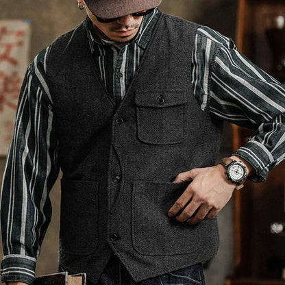 Men's Herringbone Suit Vest – Single Button Waistcoat for Wedding & Business