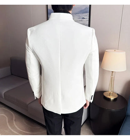 Waffle New Chinese Stand-Up Collar Suit Coats Men Slim Fit Business Casual Fashion Suits Jacket Formal Social Prom Party Tuxedos