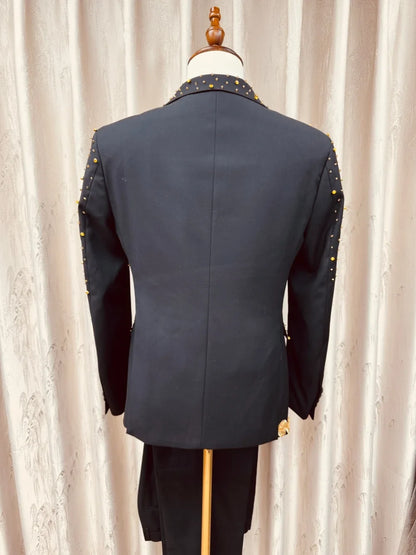 Men's Golden Beaded Suits 3 Pieces Banquet Party Wear Exquisite Peak Lapel Suit Set Wedding Party Outfit Stage Costumes S-3XL