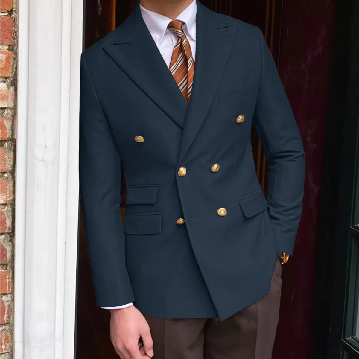 Men's Brown Serge Blazer Double Breasted Peak Lapel Gold Button Slim Fit British Style Fashion Suit Jacket Formal Business Casua