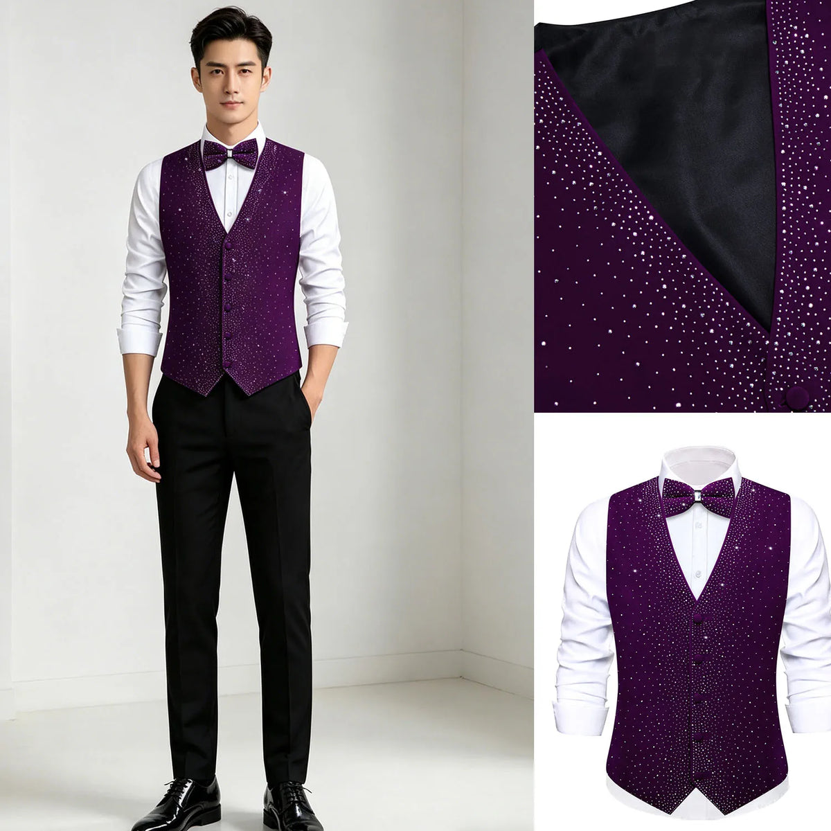 Men's Velvet Vest with Bow Tie – Slim Fit Purple Rhinestone Formal Waistcoat for Wedding & Party
