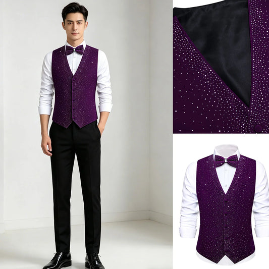 Men's Velvet Vest with Bow Tie – Slim Fit Purple Rhinestone Formal Waistcoat for Wedding & Party