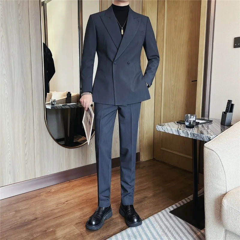 2026 Autumn Double Breasted Men's Slim Fit Business Blazers High-quality Casual Suit Jacket Groom's Wedding Suit Men Clothing