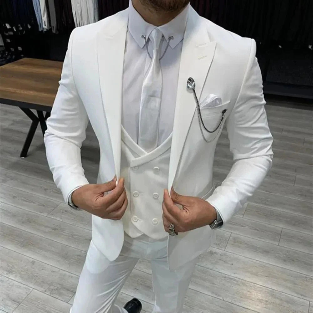 White mens suits Slim Fit Suits for Men Wedding 3 Piece Custom Made Groom Wear Business Peak Lapel Blazer (Jacket+Vest+Pants)
