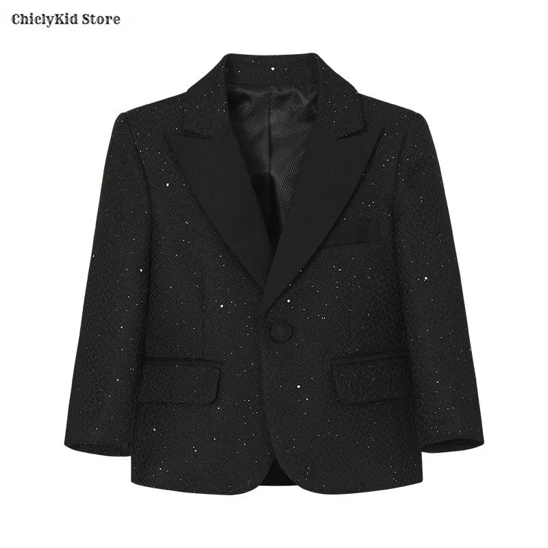 High Quality Boys Shiny Wedding Suits Kids Morning Coat Formal Dress Child Tuxedos Blazer Clothes Sets Toddler School Uniforms