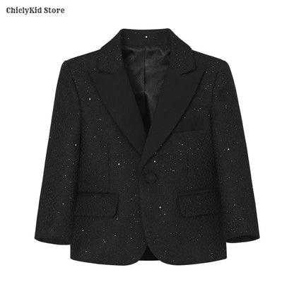 High Quality Boys Shiny Wedding Suits Kids Morning Coat Formal Dress Child Tuxedos Blazer Clothes Sets Toddler School Uniforms