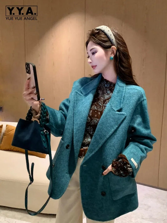 Chic Office Ladies Wool Jacket Women Double Breasted Vintage Loose Blazers Leisure Pocket Jackets Coat Lapel Collar Outerwear
