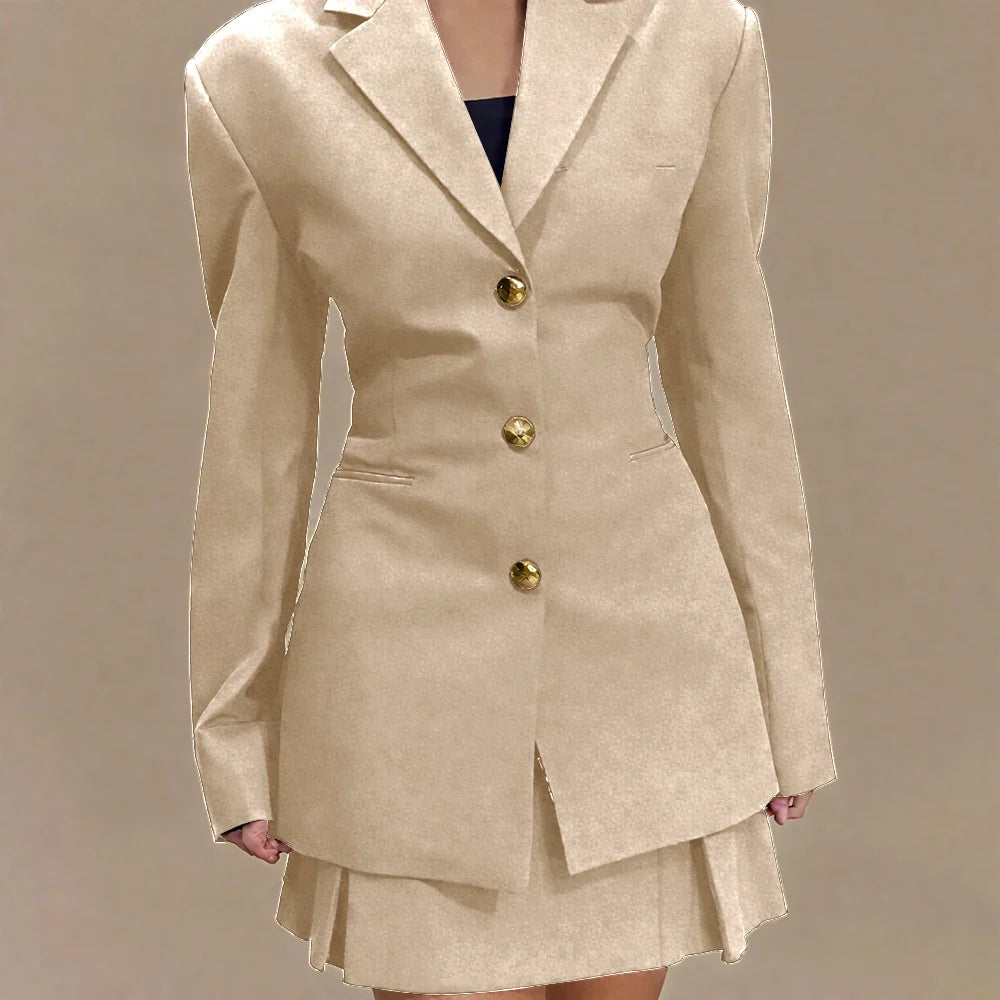 Women's Pleated Skirt Suit Set 2025 2Pieces(Tailored Blazer&High Waist Skirt) Office Chic Single-breasted Notch Lapel Outfit