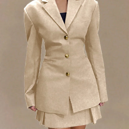 Women's Pleated Skirt Suit Set 2025 2Pieces(Tailored Blazer&High Waist Skirt) Office Chic Single-breasted Notch Lapel Outfit