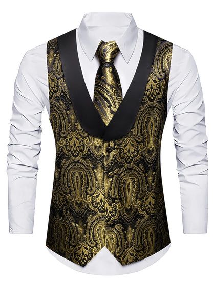 Men's Formal Vest Single Breasted Jacquard Shawl Collar Waistcoat Dark Gold Floral Wedding