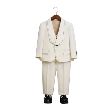 Children's Beige Blazer Set Kids Formal Wedding Birthday Party Suit Set Boys Jacket Vest Pants Bowtie Brooch 5Pieces Clothes Set