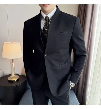 Men's 3-Piece Slim Fit Stand Collar Suit – Wedding, Prom & Office Formal Set