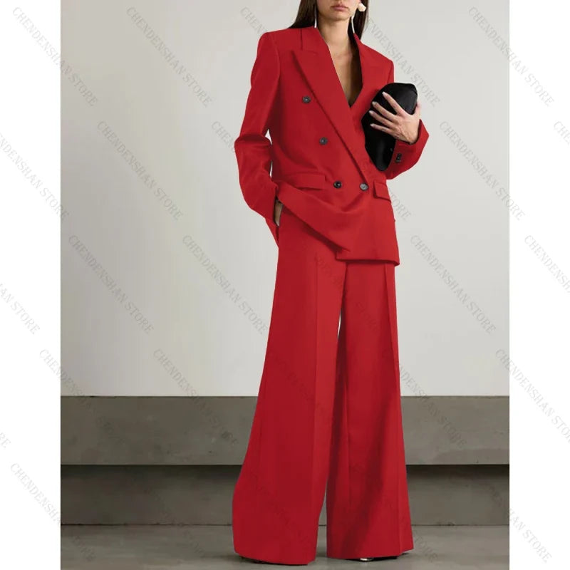 Chic Loose Dark Brown Double Breasted Women Pants Set High-end Female Two Pieces(Jacket+Trousers)أطقم بناطيل
