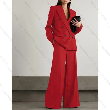 Chic Loose Dark Brown Double Breasted Women Pants Set High-end Female Two Pieces(Jacket+Trousers)أطقم بناطيل