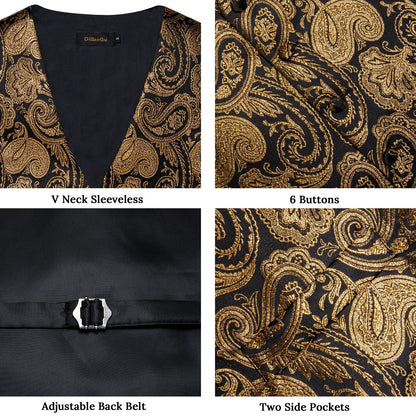 Men's Paisley Waistcoat Set – Single Breasted Formal Vest with Necktie and Pocket Square for Weddings and Business Events