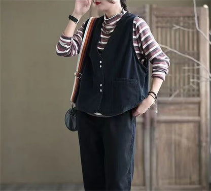 Korean Ladies Solid Color Casual Sleeveless Jacket Autumn Women V-neck Loose Waistcoat Coat Spring Female Fashion Vest Outwear