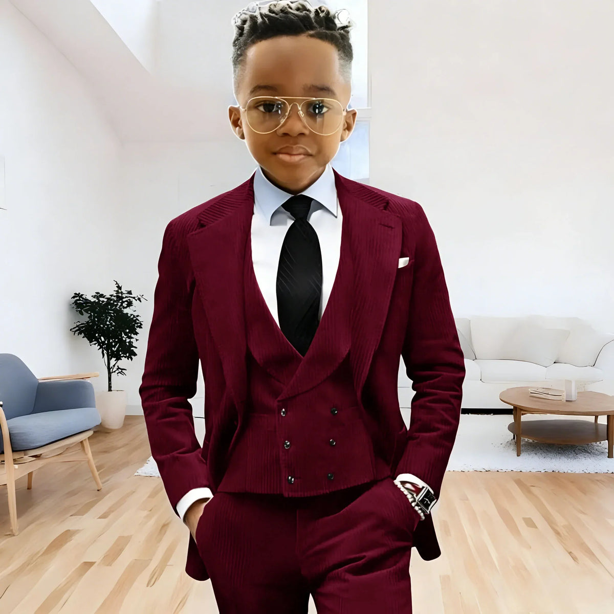Brown Corduroy Boy Suit 3 Piece Blazer Vest Pant Suit Set Notched Lapel Formal Wedding Dresses Business Tuxedo Suits for Kids