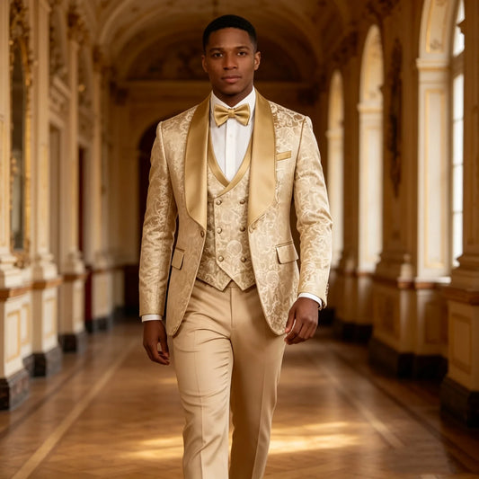 Costume Jacquard Champagne Formel Homme, Revers Châle Simple Boutonnage, Gilet et Pantalon Élégant, Ensemble 3 Pièces pour Mariage Soirée Bal de Promo