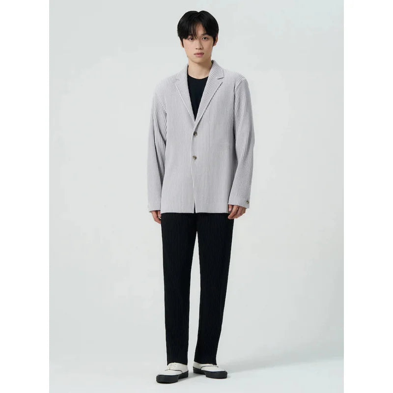 Miyake Pleated Men's Blazer Jacket Japanese Style Slim Fit Suit Coat Stretch Business Casual Office Fashion Luxury Wrinkle Free