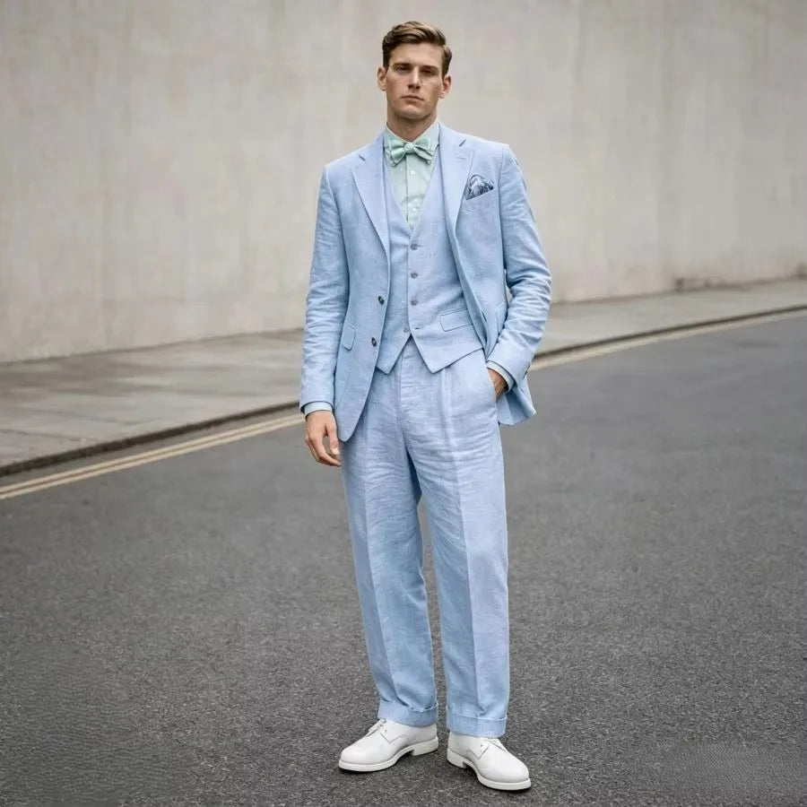 Costume 3 pièces en lin bleu pour homme, coupe ajustée, revers cranté, blazer deux boutons, gilet et pantalon, ensemble d'été décontracté pour le travail ou un mariage