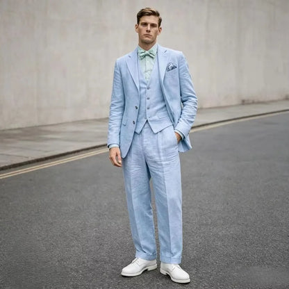 Costume 3 pièces en lin bleu pour homme, coupe ajustée, revers cranté, blazer deux boutons, gilet et pantalon, ensemble d'été décontracté pour le travail ou un mariage