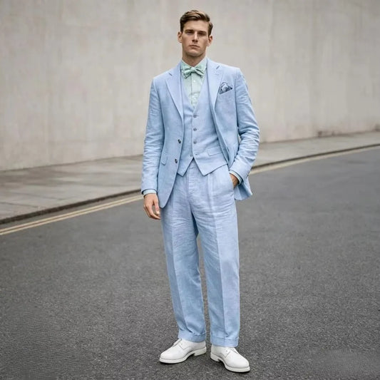 Costume 3 pièces en lin bleu pour homme, coupe ajustée, revers cranté, blazer deux boutons, gilet et pantalon, ensemble d'été décontracté pour le travail ou un mariage