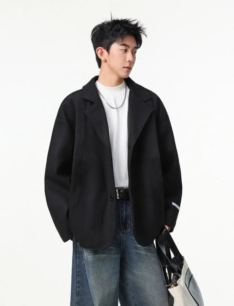 Men's British Style Brown Wool Blend Blazer Korean Loose Lapel Chic Autumn Fashion Suit Jacket