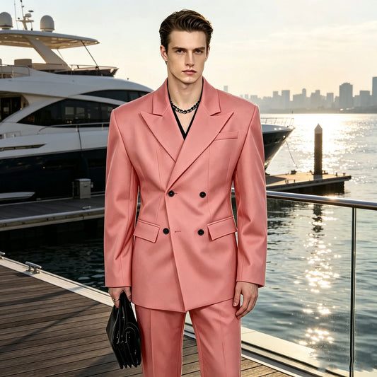 Men's Serge 2 Piece Suit Double Breasted Peak Lapel Oversized Shoulder Tuxedo Blazer Straight Leg Pants Fashion Set Wedding Part