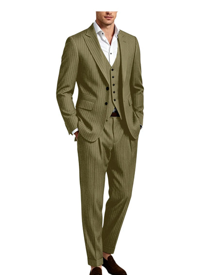 Men's 3-Piece Pinstripe Suit – Slim Fit Notched Lapel Blazer, Vest & Trousers for Wedding & Business