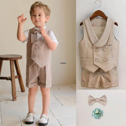Boys Formal Khaki Tuxedo Dress School Performance Clothing Set Kids Wedding Photography Suit Children Birthday Gift Set Costume