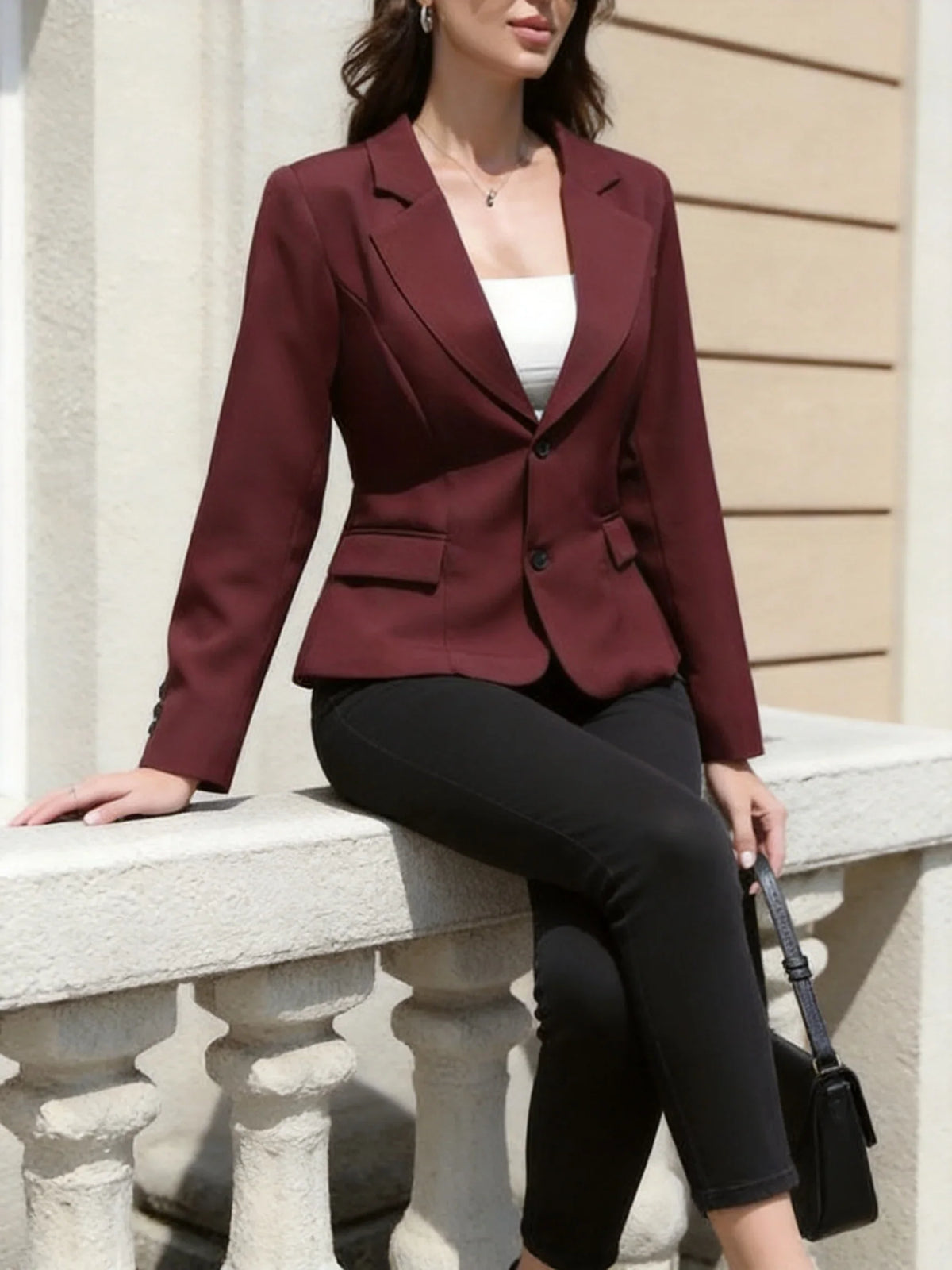 Retro Tailored Suit Jacket with Flat Notch Lapel Double Pockets Pressed Fabric Smart Commute Formal Outerwear