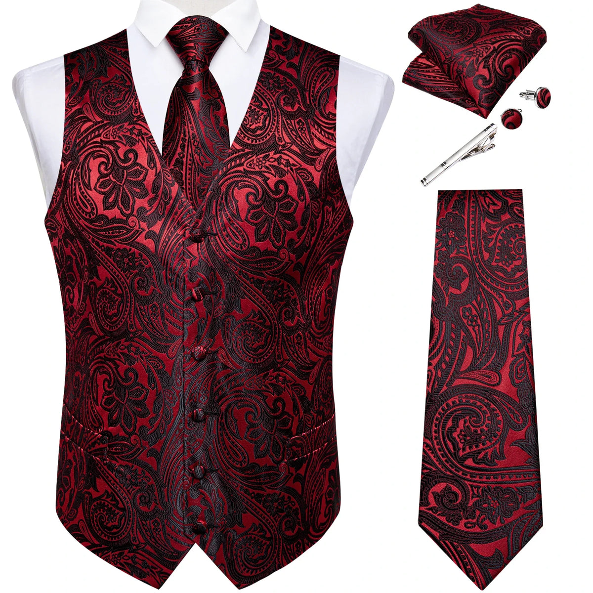 Men's Suit Vest Set with Tie, Handkerchief & Cufflinks for Wedding & Banquet