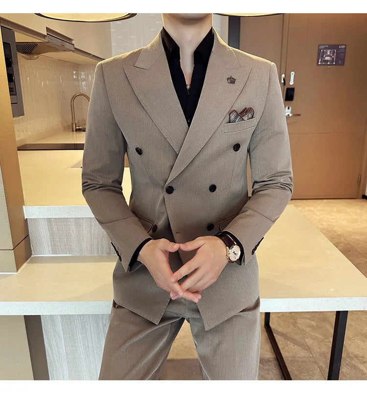 (Blazer + Trousers) Fashion Double Breasted Design Slim Men's Suit Italian Style Luxury Wedding Social Party Tuxedo 2 Piece Set