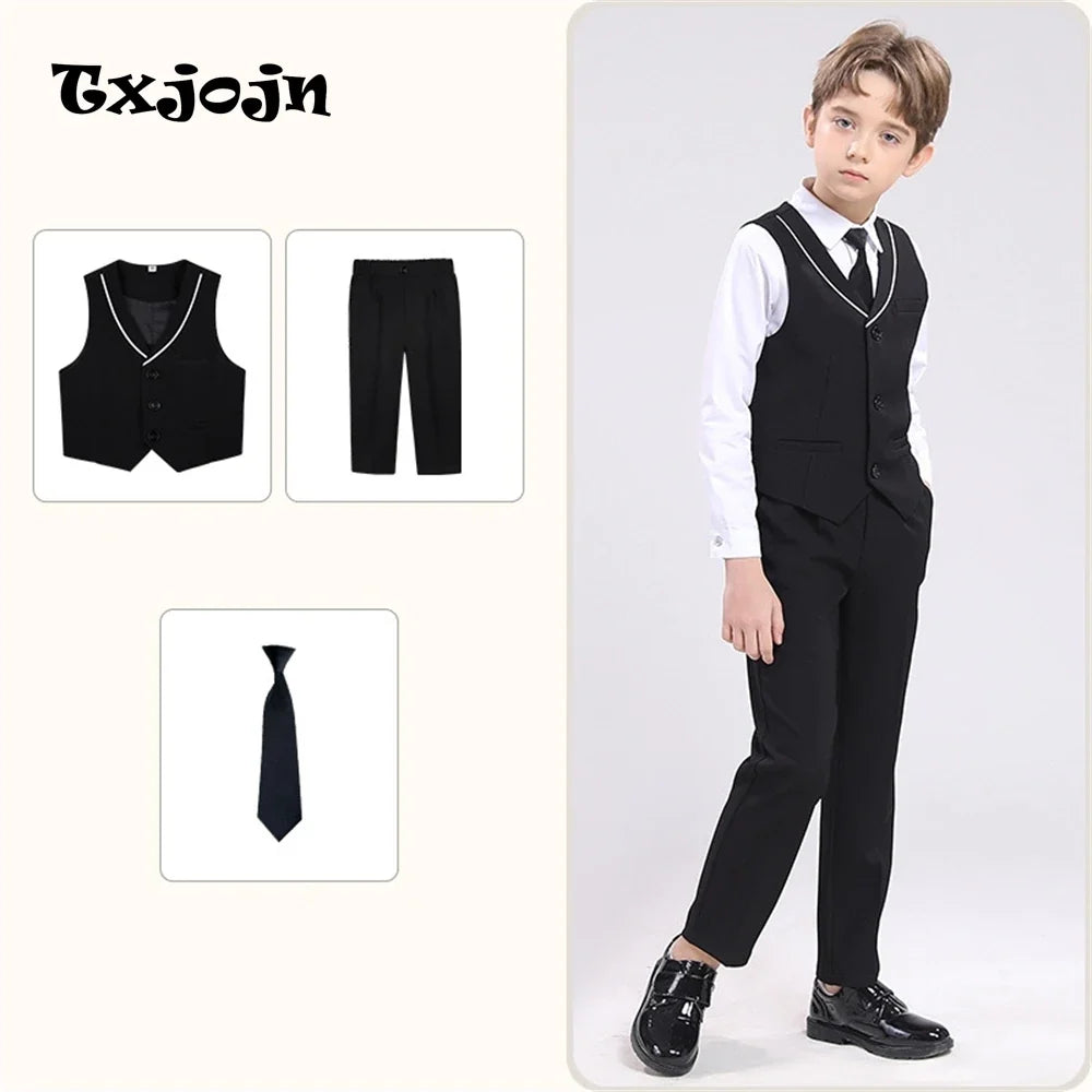 Kids Formal Vest Pants Set Summer Wedding Guest Outfit for Children 90-170cm Single Breasted Vestcoat Trousers Tie Sets