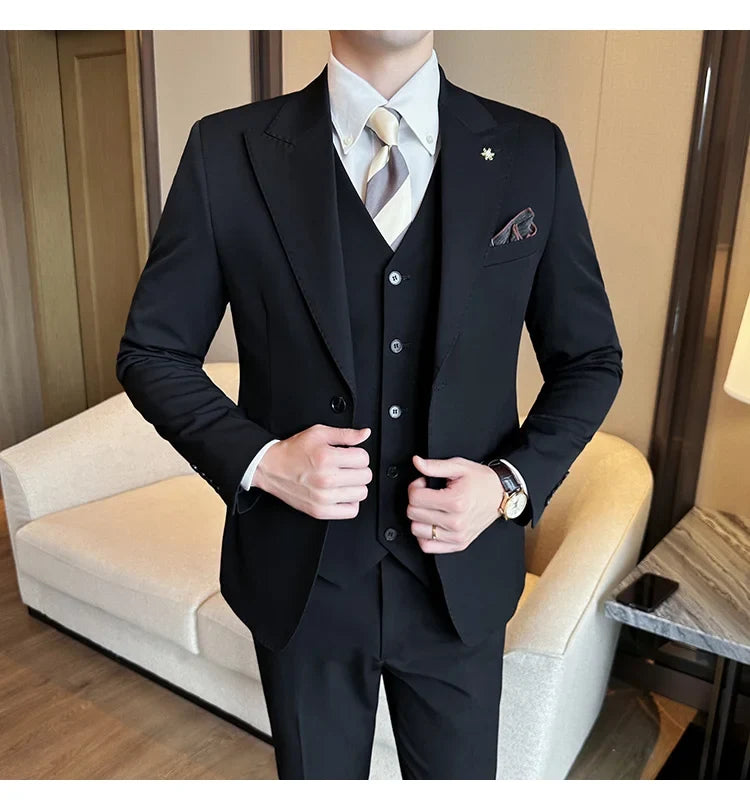 (Blazer + Vest + Trousers) 2024 New Men Formal Business Solid Suit 3 Pieces Set Italian Style Luxury Wedding Social Party Tuxedo