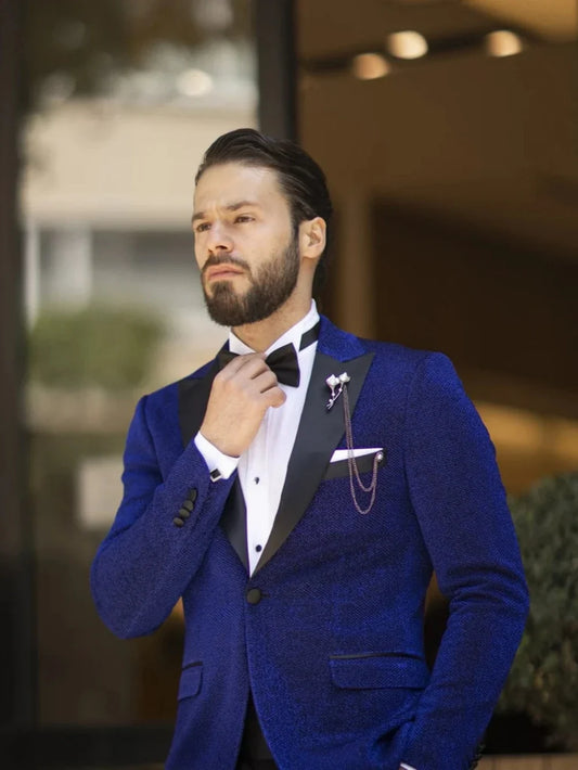 Casual Blue Men's Formal Slim Fit 2 Pieces Jacket Pants Prom Wear High Quality One Button Man Tuxedo Wedding Groom Sets